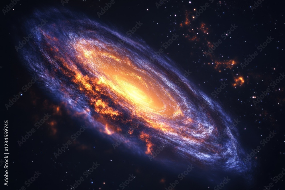 Fototapeta premium A vibrant spiral galaxy with a bright core, surrounded by stars and cosmic dust.