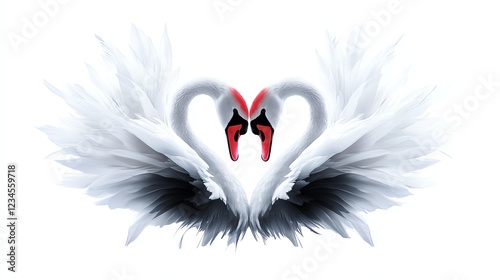 a swan couple forming a heart shape, romantic nature concept, hyperrealistic digital painting, soft white tones, isolated on white background photo