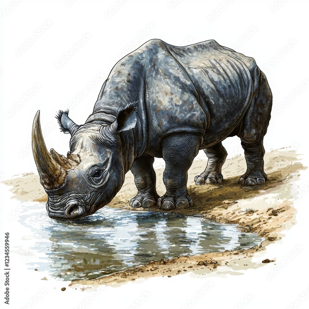 Fototapeta premium Realistic Illustration of a Rhinoceros Drinking Water by a Stream in Natural Habitat