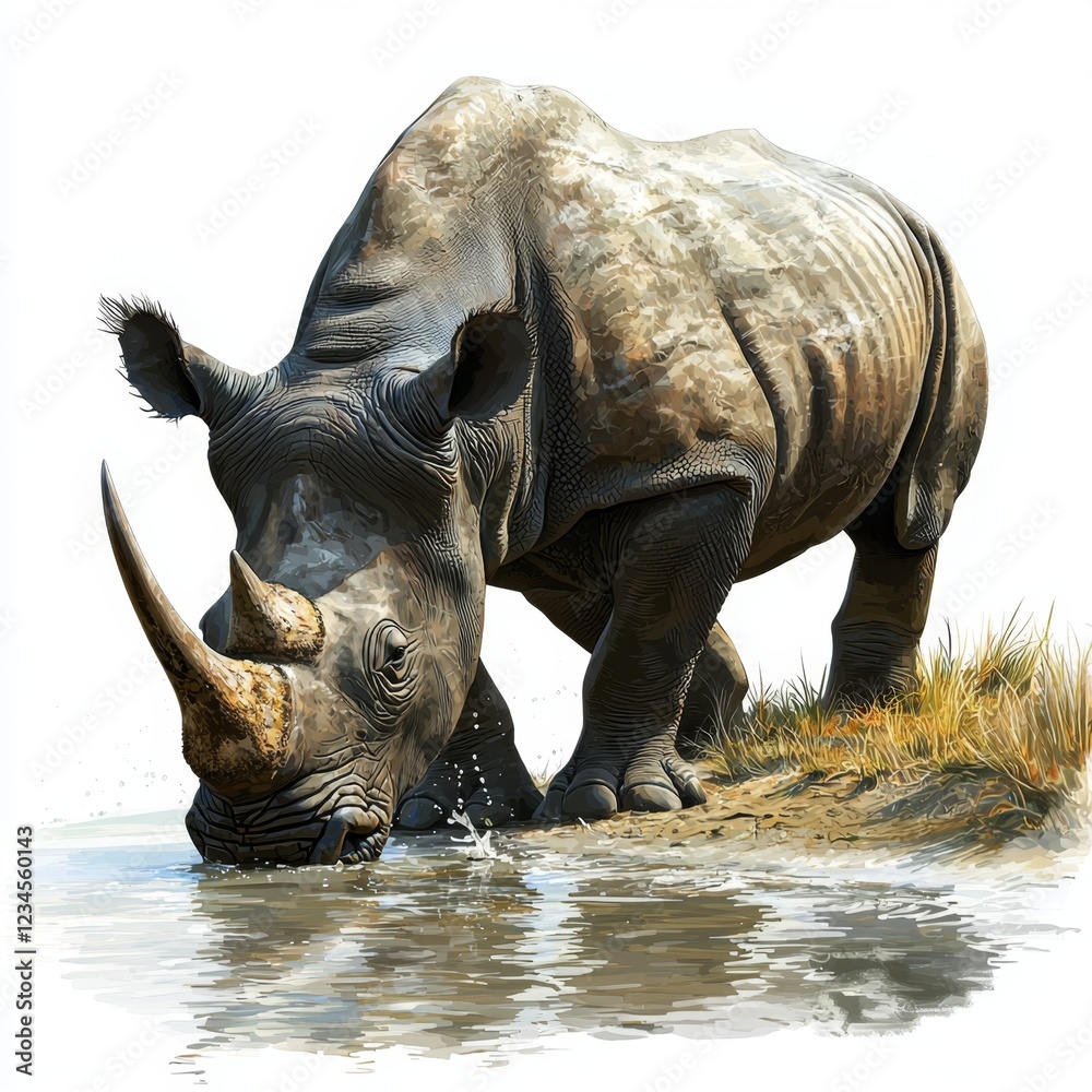 Fototapeta premium Majestic Rhinoceros Drinking Water Near the Shoreline in a Serene Natural Habitat Setting