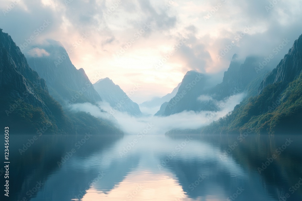Fototapeta premium Serene Mountain Lake at Dawn with Soft Clouds