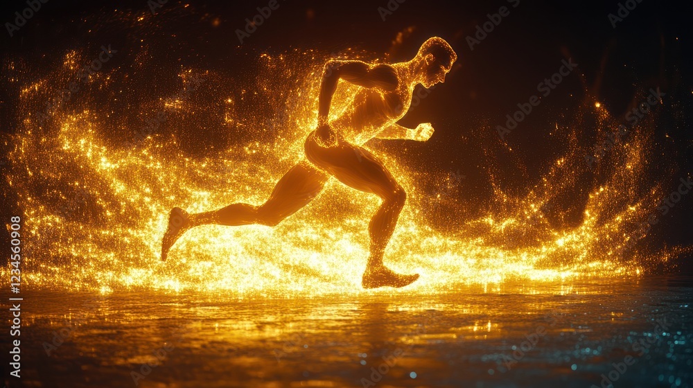 Naklejka premium Fiery runner sprints, dark background, energy, motion graphic