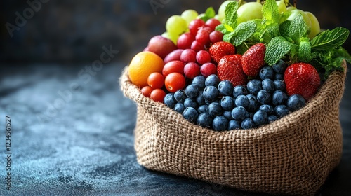 Colorful fruits in burlap bag on dark background
