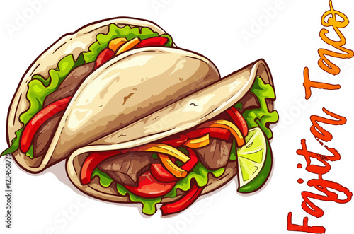 Fajita tacos delicious mexican food vector icon isolated on white background. Two cartoon fajita tacos illustration. The tacos are made with grilled meat, onions, and peppers wrapped in a tortilla