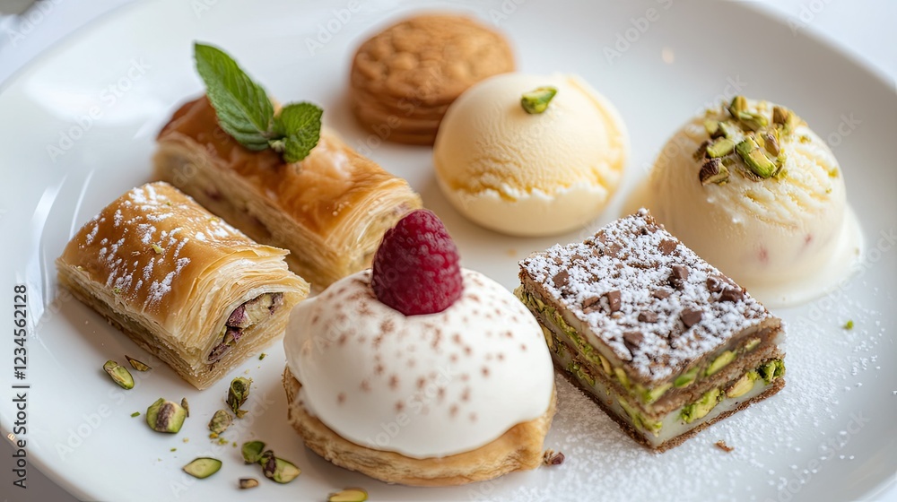 A variety of pistachio-based desserts, including baklava, cookies, and ice cream, arranged on a white plate. A variety of pistachio-based desserts, including baklava, cookies, and ice cream, arranged on a white plate.