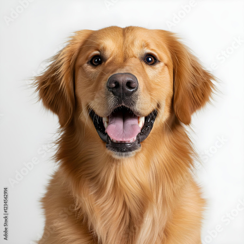 smiling dog standing in front of white background