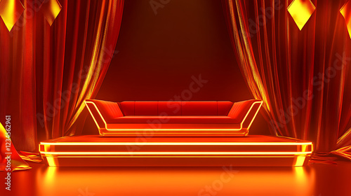 China National Day Podium A Red Neon Lit Stage with Sofa photo