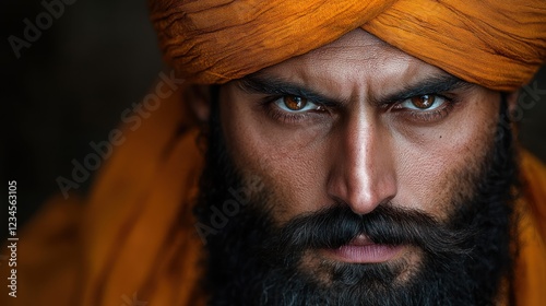 Close-up portrait of man with turban and intense gaze in dark setting