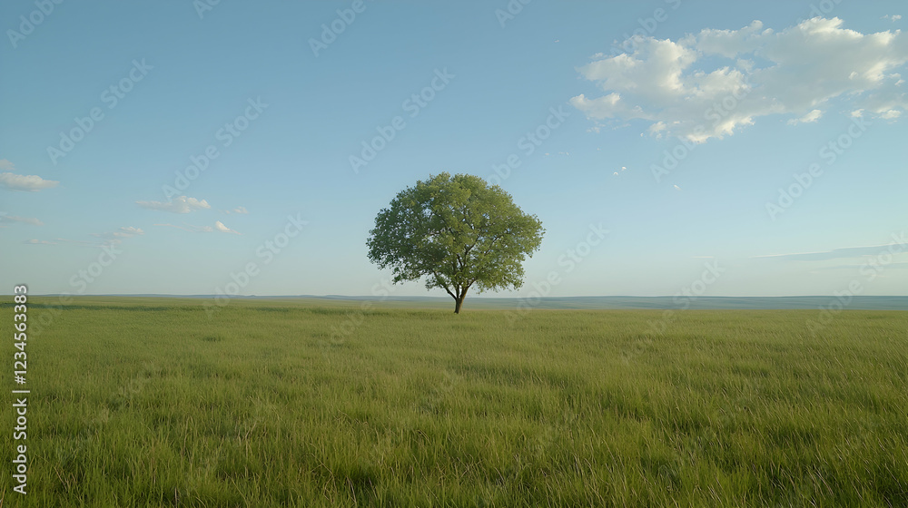 Obraz premium Lone tree in grassy field, clear sky, peaceful landscape, nature photography