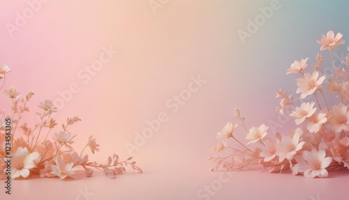 Pastel Dream: Delicate white wildflowers bloom in a whimsical setting, nestled in the corners of a soft, pastel background that blends dreamy hues of pink and blue.