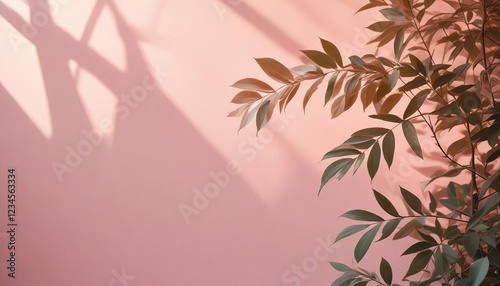 Wallpaper Mural Blush Hues and Botanical Shadows: Delicate plant leaves cast long shadows against a soft blush pink wall, creating a serene and minimalist aesthetic. Torontodigital.ca