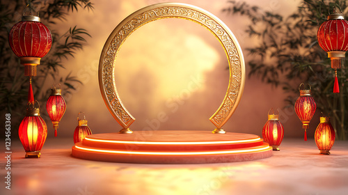 China National Day Podium Festive Background with Golden Arch and Red Lanterns photo