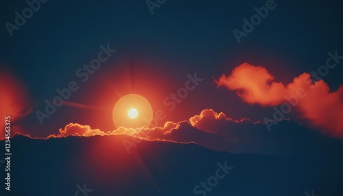 Sun Setting Behind Clouds: A fiery orange sun descends behind fluffy pink clouds, casting a dramatic and mesmerizing glow across the twilight sky, evoking a sense of warmth and serenity.