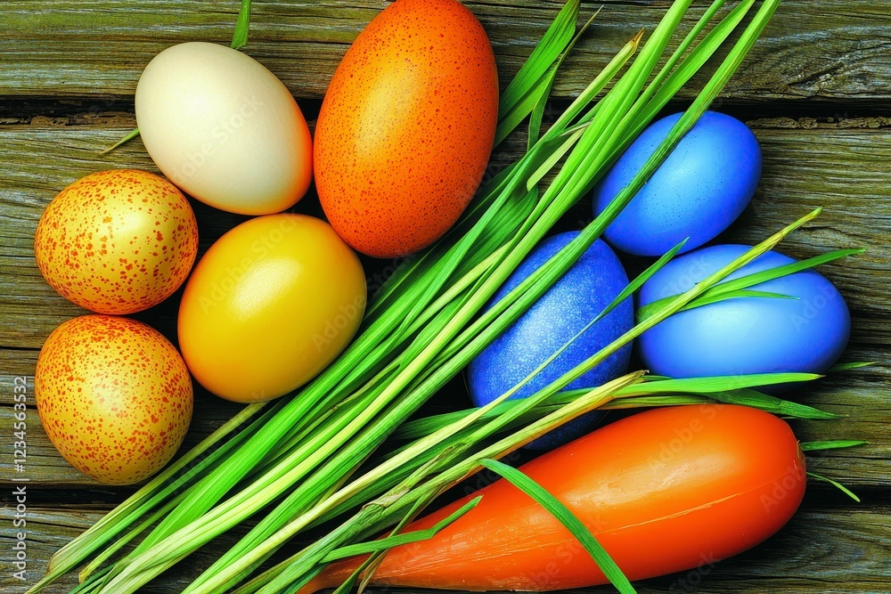 Colorful Eggs and Carrot with Fresh Green Grass on Wooden Surface Colorful Eggs and Carrot with Fresh Green Grass on Wooden Surface