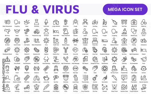 Flu & Virus Icon Set. An essential collection of icons designed to promote health awareness, perfect for enhancing medical materials, educational content, and public health campaigns.