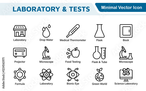 Laboratory and Tests Icon Set. A precise collection of icons for scientific testing and research, perfect for enhancing educational materials, lab websites, and health applications.