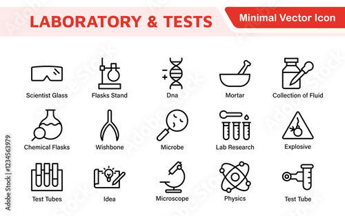 Laboratory and Tests Icon Set. A precise collection of icons for scientific testing and research, perfect for enhancing educational materials, lab websites, and health applications.