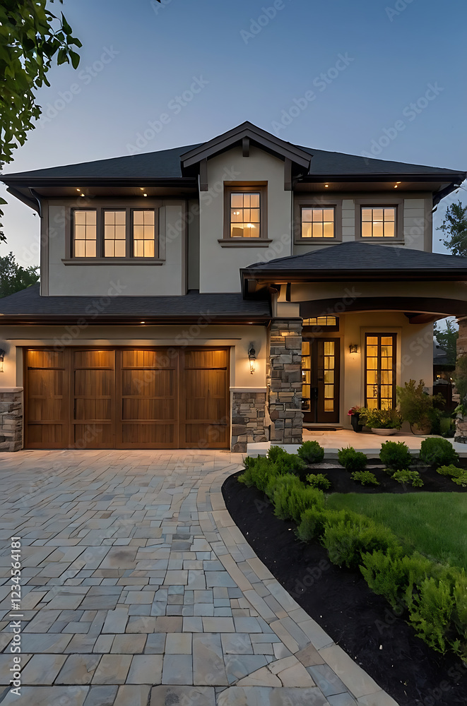 Obraz premium Luxury Modern Home Exterior at Dusk: Captivating Architecture and Landscaping
