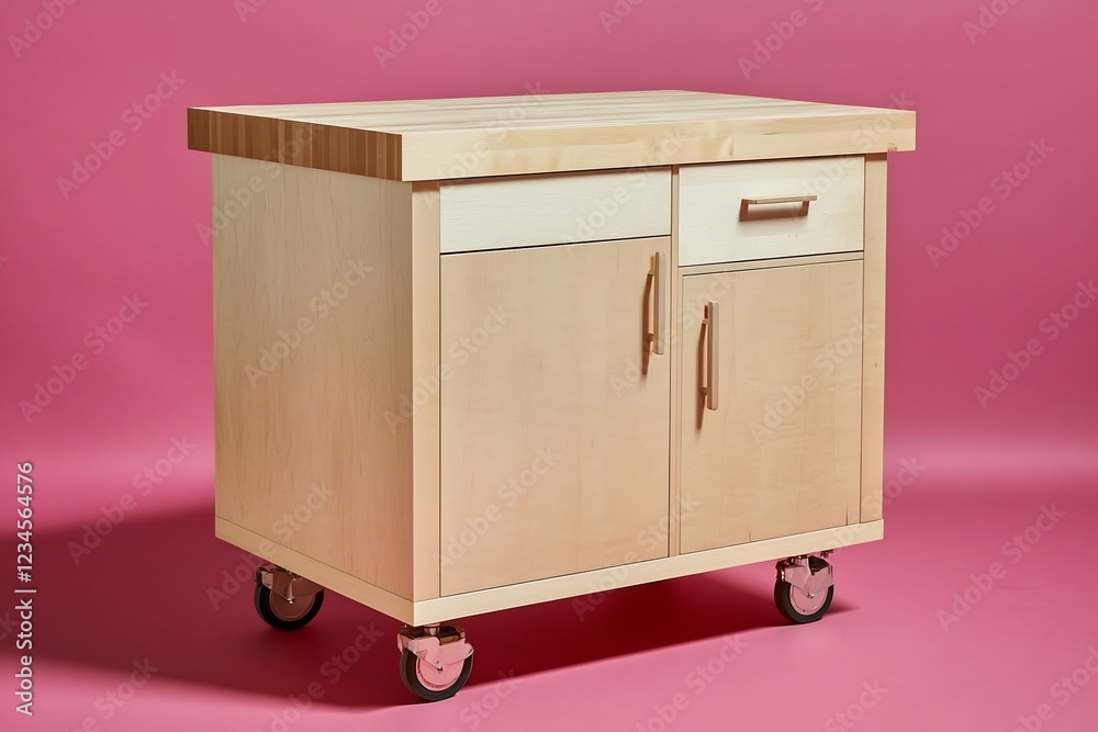 Compact wooden kitchen island with wheels on vibrant maroon background Compact wooden kitchen island with wheels on vibrant maroon background