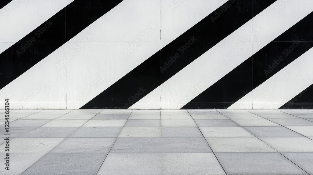 Dynamic geometric patterns in black and white urban art installation modern architecture minimalist design perspective view