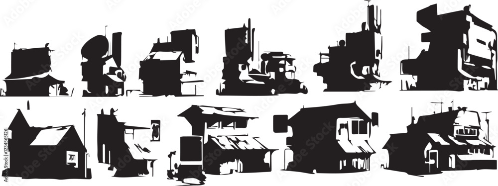Obraz premium Set of building silhouettes for flat design. Hand drawn vector illustration