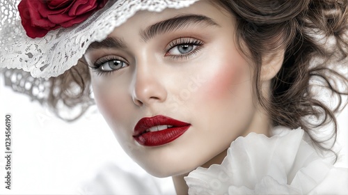 Elegant Woman with Red Floral Hat, Glamorous Red Lips, and Vintage Aesthetic – Beauty Portrait Photography