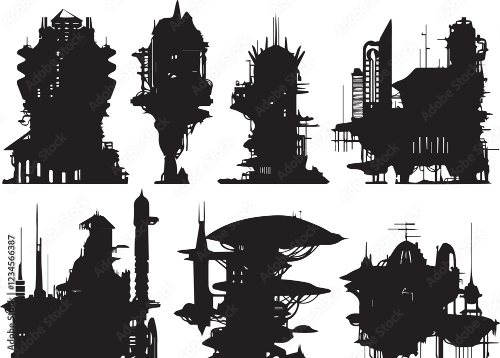 Obraz premium Set of building silhouettes for flat design. Hand drawn vector illustration