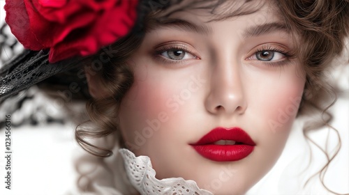 Elegant Woman with Red Floral Hat, Glamorous Red Lips, and Vintage Aesthetic – Beauty Portrait Photography