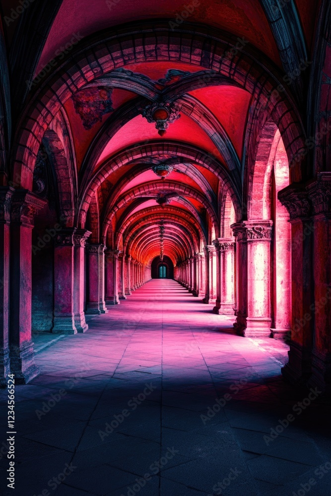 Obraz premium Hallway with arched windows and red lighting