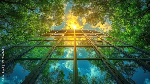 Urban jungle skyscraper reflected in glass, sunlight through leaves photo