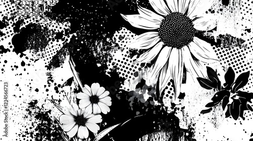 Monochrome Floral Abstract Watercolor Splash Pattern Background  Elegant and stylish black and white floral digital with abstract watercolor splash dots and grunge textures