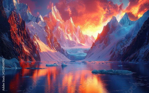 A majestic winter mountain range with peaks covered in fresh snow, glowing under the golden light of a sunrise. A frozen lake at the base reflects the warm hues of the sky, adding depth to the 