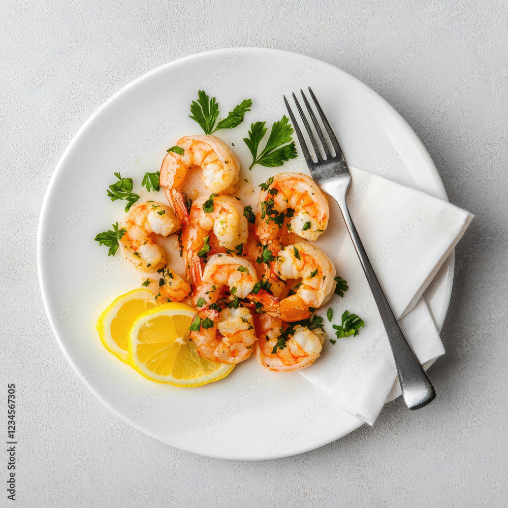 Garlic Butter Shrimp with Fresh Herbs and Lemon on a White Plate Garlic Butter Shrimp with Fresh Herbs and Lemon on a White Plate