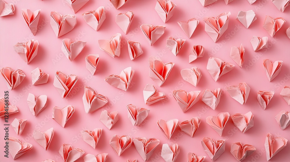 Heart-patterned origami pieces carefully arranged on pastel pink paper. Heart-patterned origami pieces carefully arranged on pastel pink paper.