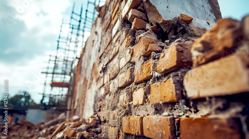 Close-up view of a damaged brick wall during a construction or demolition site with scaffolding visible in the background showcasing the texture and decay of the bricks