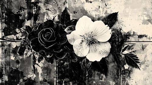 Moody and dramatic monochromatic rose floral artwork with abstract botanical background  Vintage gothic