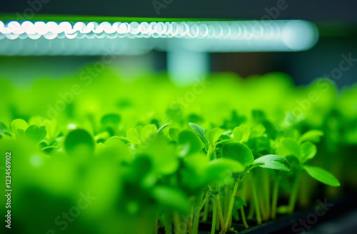 Growing microgreens under phytolamps at home. Young edible greens. Vegetable garden in the apartment.  photo