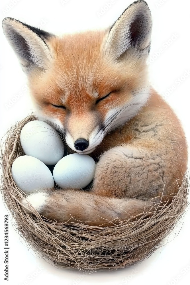 Obraz premium Cozy Fox Nesting with Soft Blue Eggs in a Natural Setting