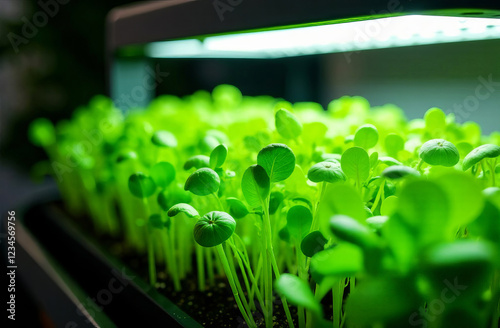 Growing microgreens under phytolamps at home. Young edible greens. Vegetable garden in the apartment.  photo