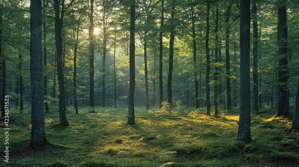 Obraz premium Sunrise in a dense forest, sunlight filtering through trees