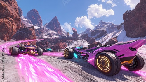 Futuristic racers speed through mountain pass