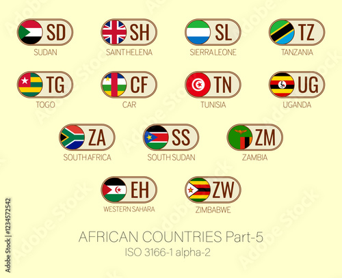 Set of vector illustrations of  ISO 3166 1 alpha 2 and flags of African countries. Part 5.
