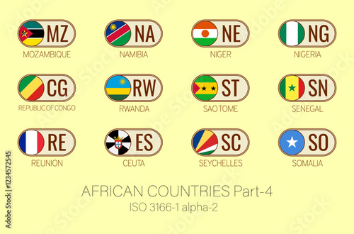 Set of vector illustrations of  ISO 3166 1 alpha 2 and flags of African countries. Part 4.
