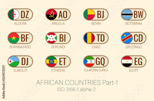 Set of vector illustrations of  ISO 3166 1 alpha 2 and flags of African countries. Part 1.
