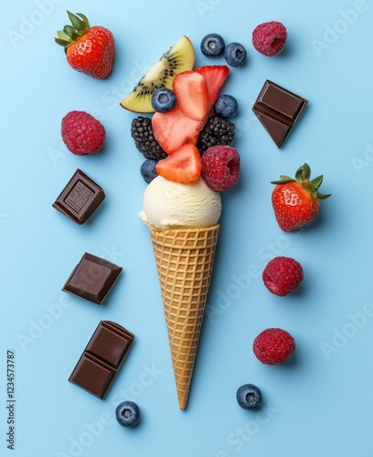Ice cream with fresh berries and chocolate on blue background, top view