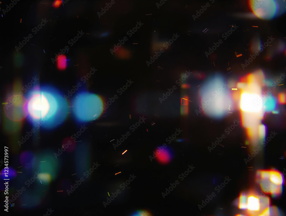 Abstract blurred colourful lights, bokeh effect, sprinkles, old film grain texture overlay on black background Abstract blurred colourful lights, bokeh effect, sprinkles, old film grain texture overlay on black background