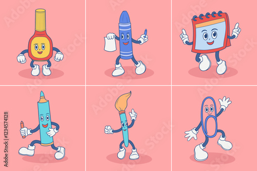 Playful Cartoon Stationery Characters collection ideal for educational materials or children's products.