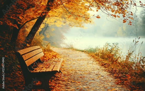 A serene autumn park with pathways lined by golden and red trees. Fallen leaves blanket the ground, and benches invite quiet contemplation. The soft light of an overcast afternoon adds a cozy 