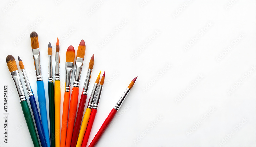 Obraz premium Colorful paintbrushes arranged creatively on white background with copy space