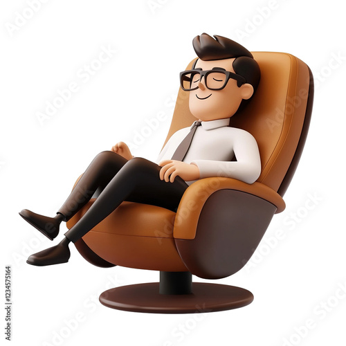 Relaxed Businessman in Modern Office Chair Comfortable Workspace Productivity Concept, 3D design, Transparent Background, PNG